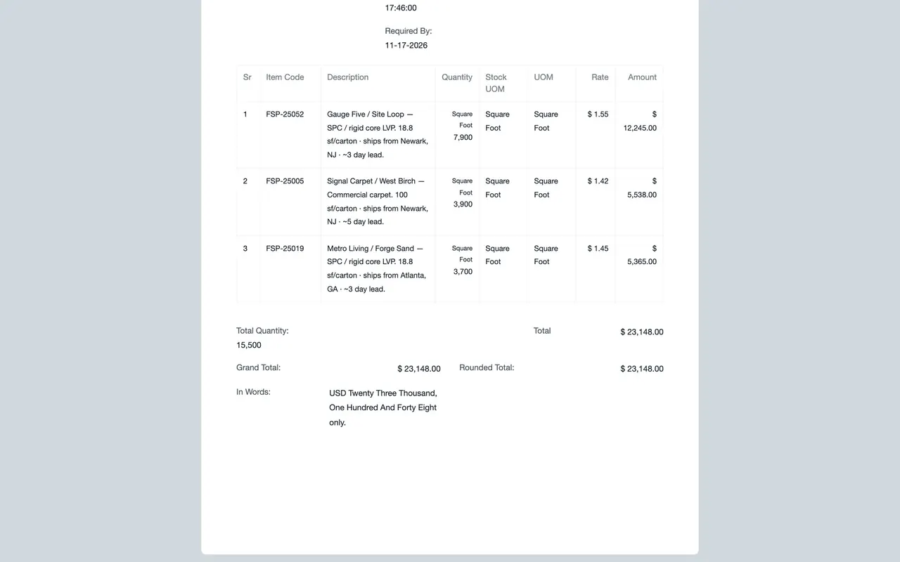 The purchase order print view: Grand Total, Rounded Total and In Words