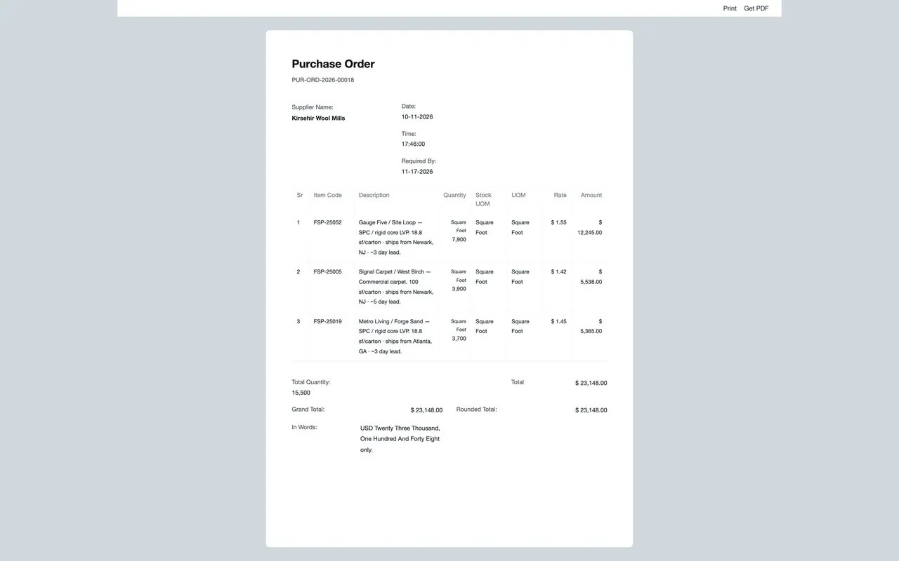 The purchase order print view, as the supplier receives it