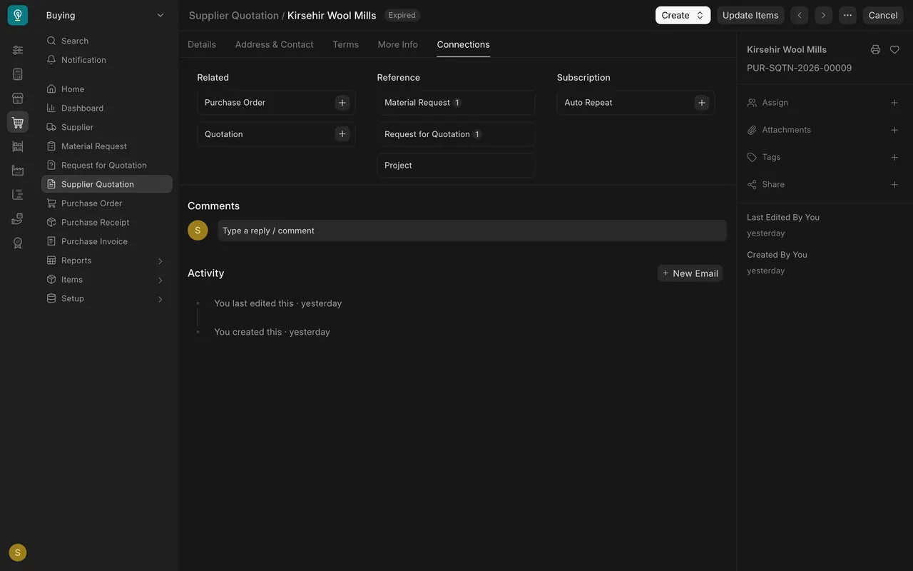 The winning Supplier Quotation, from Kirsehir Wool Mills, on its Connections tab: Purchase Order with a plus button, and the Material Request and Request for Quotation it came from