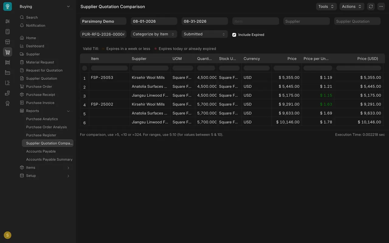 The comparison for one request: three suppliers on two items, with the lowest price per unit in green