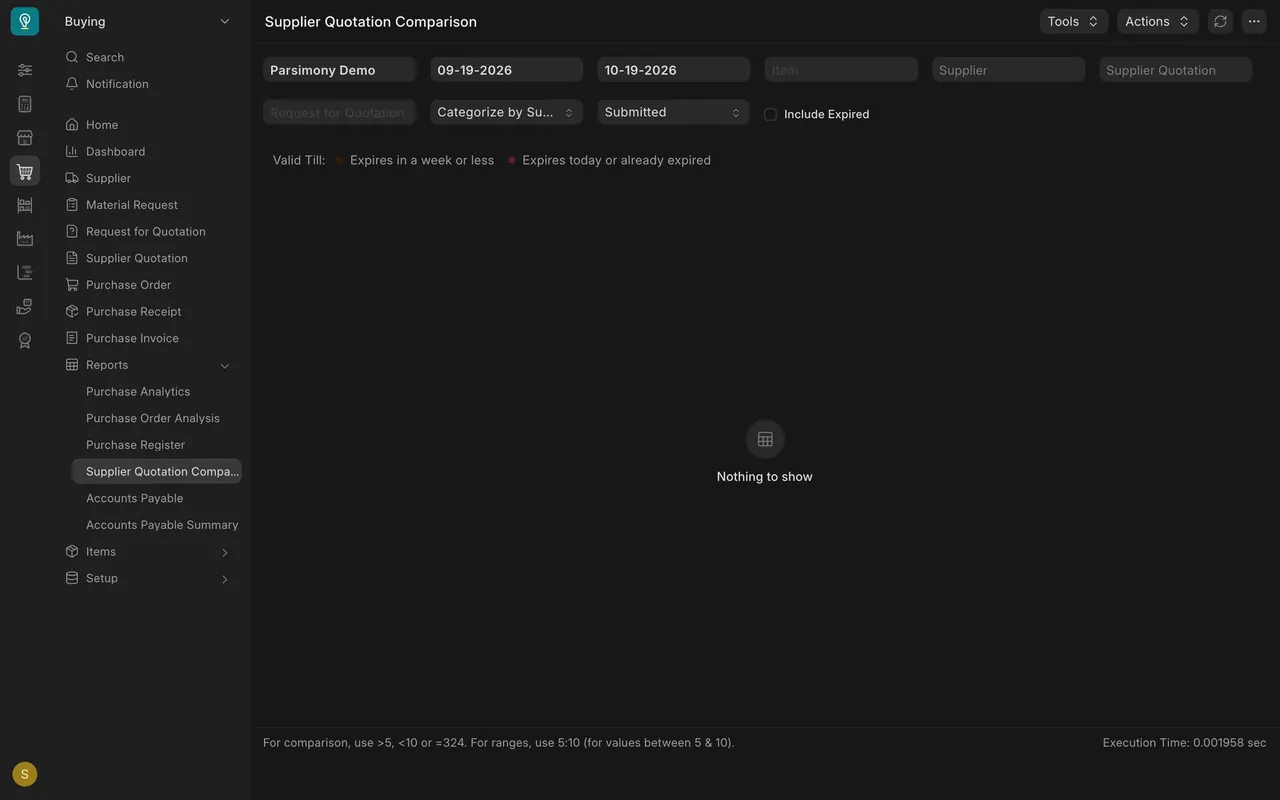Supplier Quotation Comparison with its default filters: Nothing to show