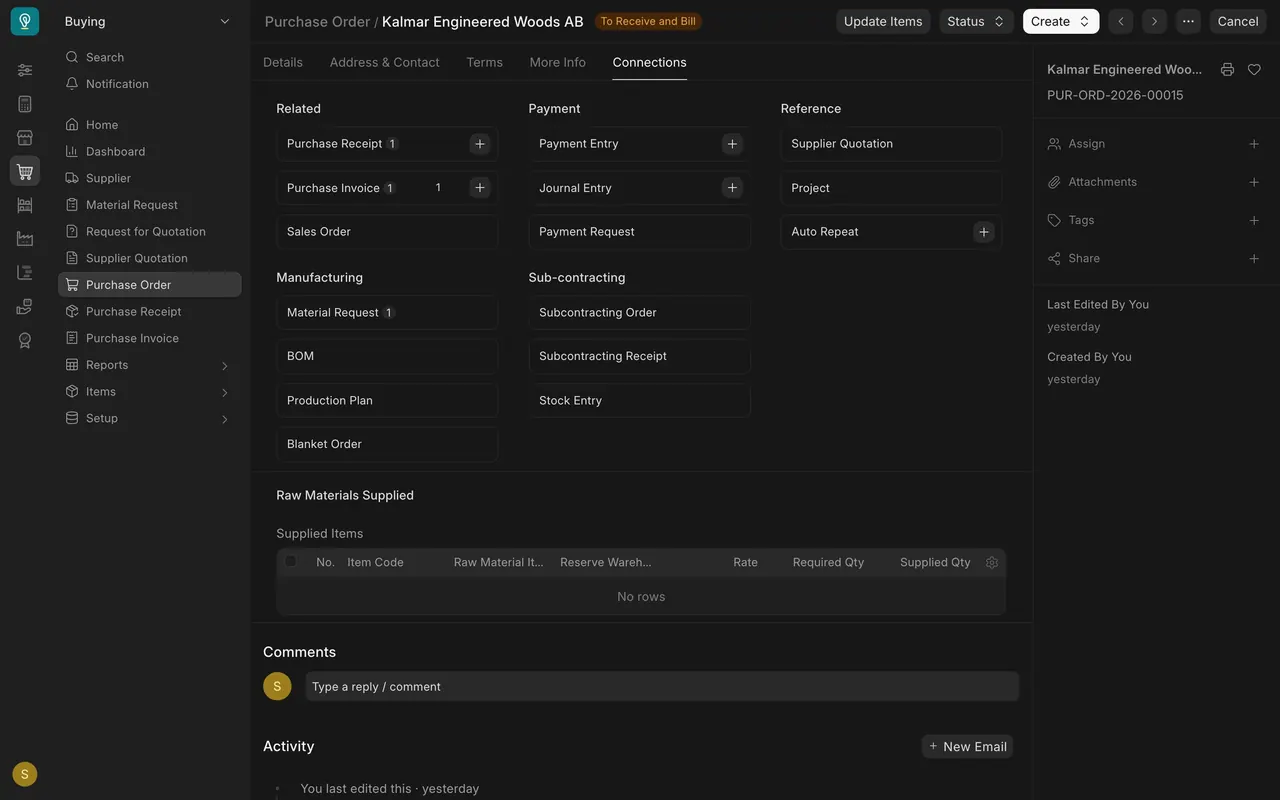 A Purchase Order's Connections tab: Purchase Receipt 1, Purchase Invoice 1 and Material Request 1
