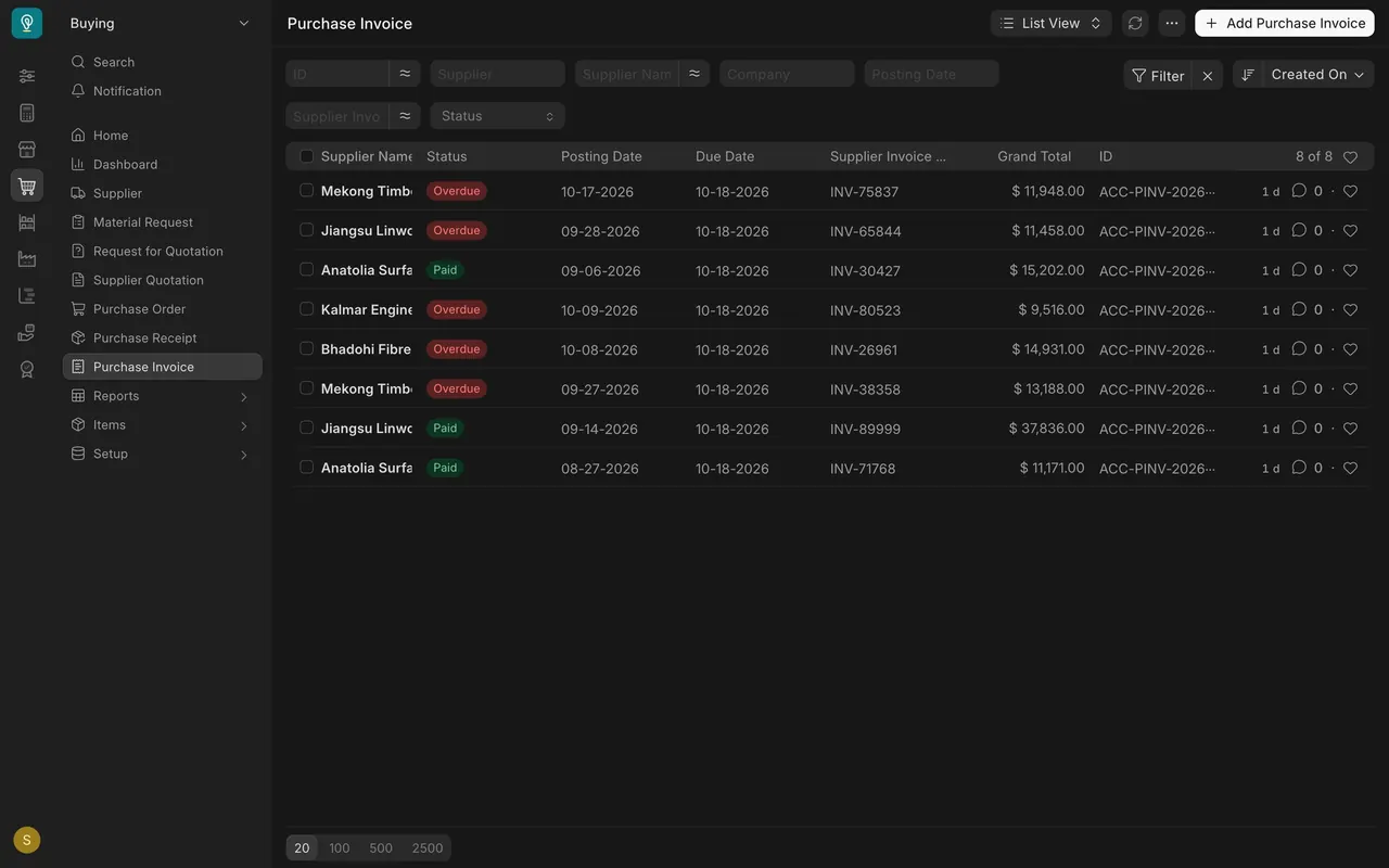 The Purchase Invoice list: Overdue and Paid invoices with the supplier's own invoice numbers