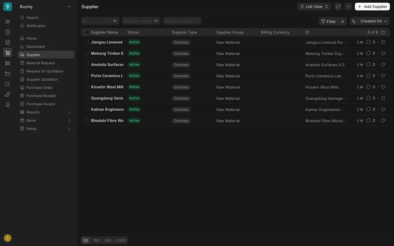 The Supplier list: eight active suppliers, type Company, group Raw Material