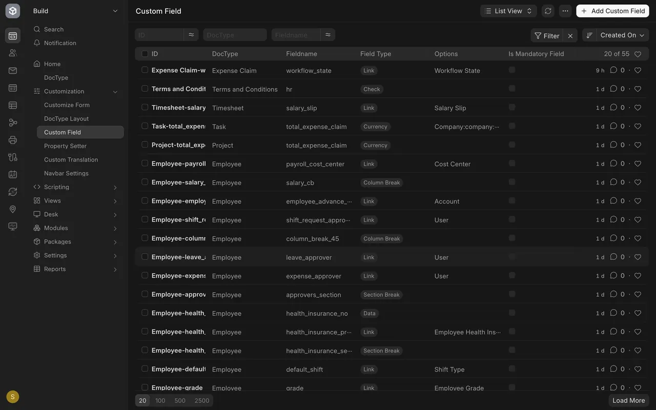 The Custom Field list