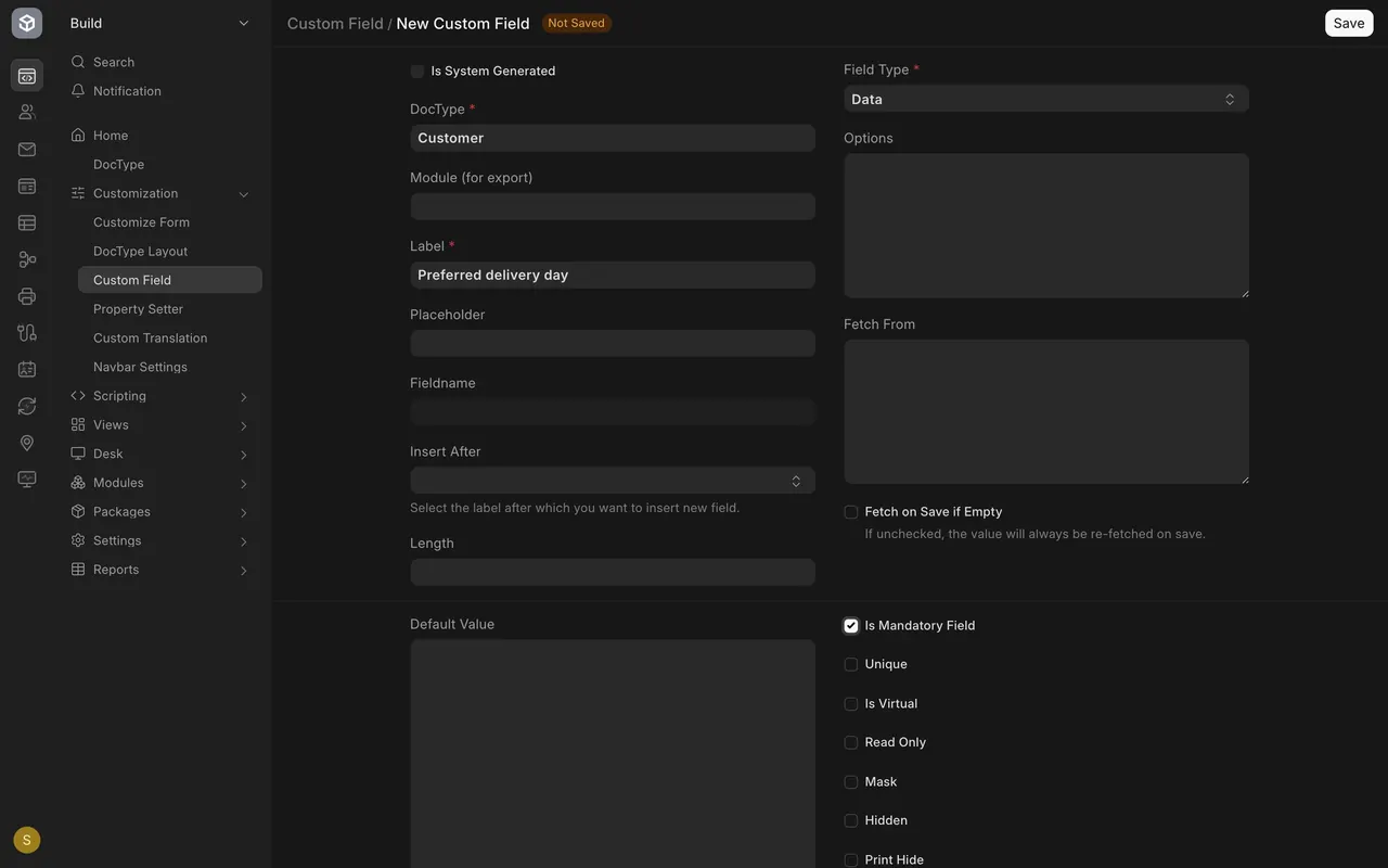 The Add Custom Field form, not saved