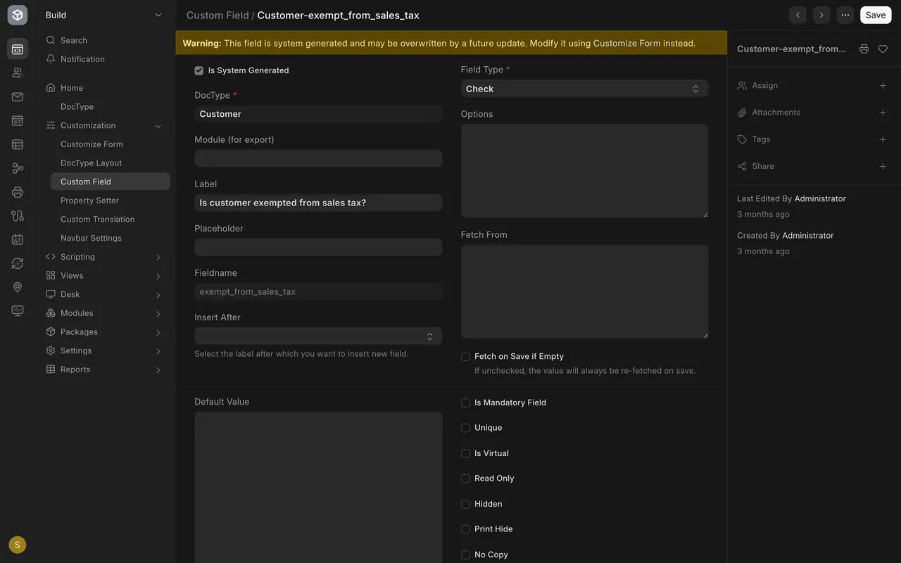 One custom field opened