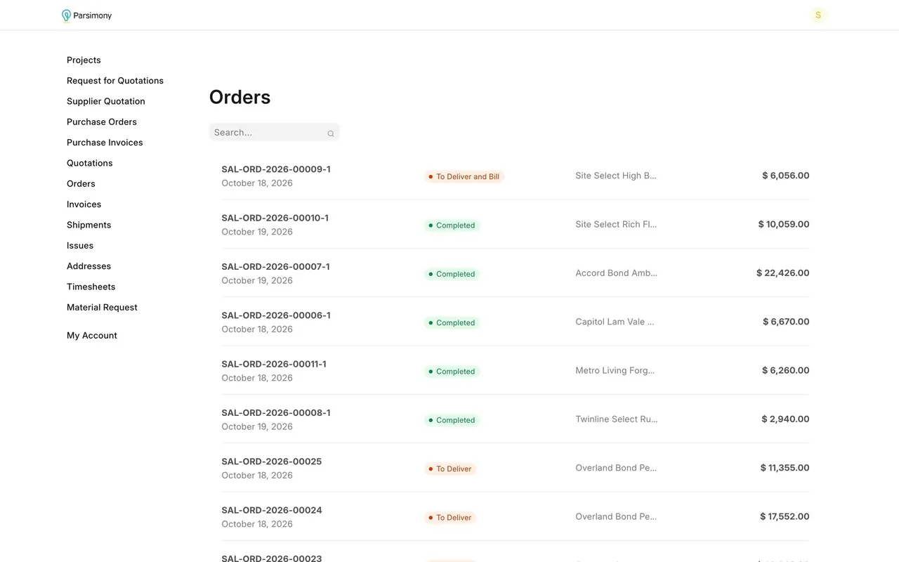 Portal orders page