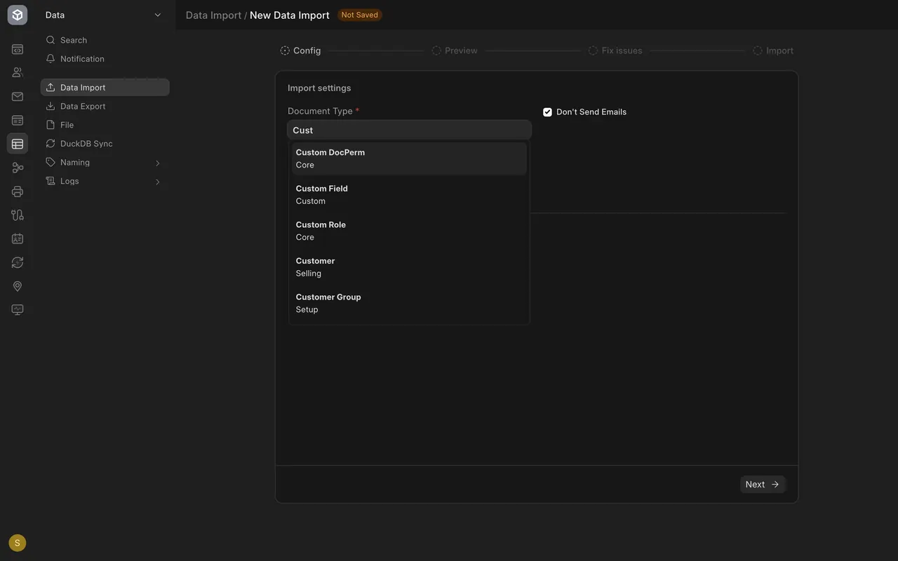 A new, unsaved Data Import form choosing a Document Type
