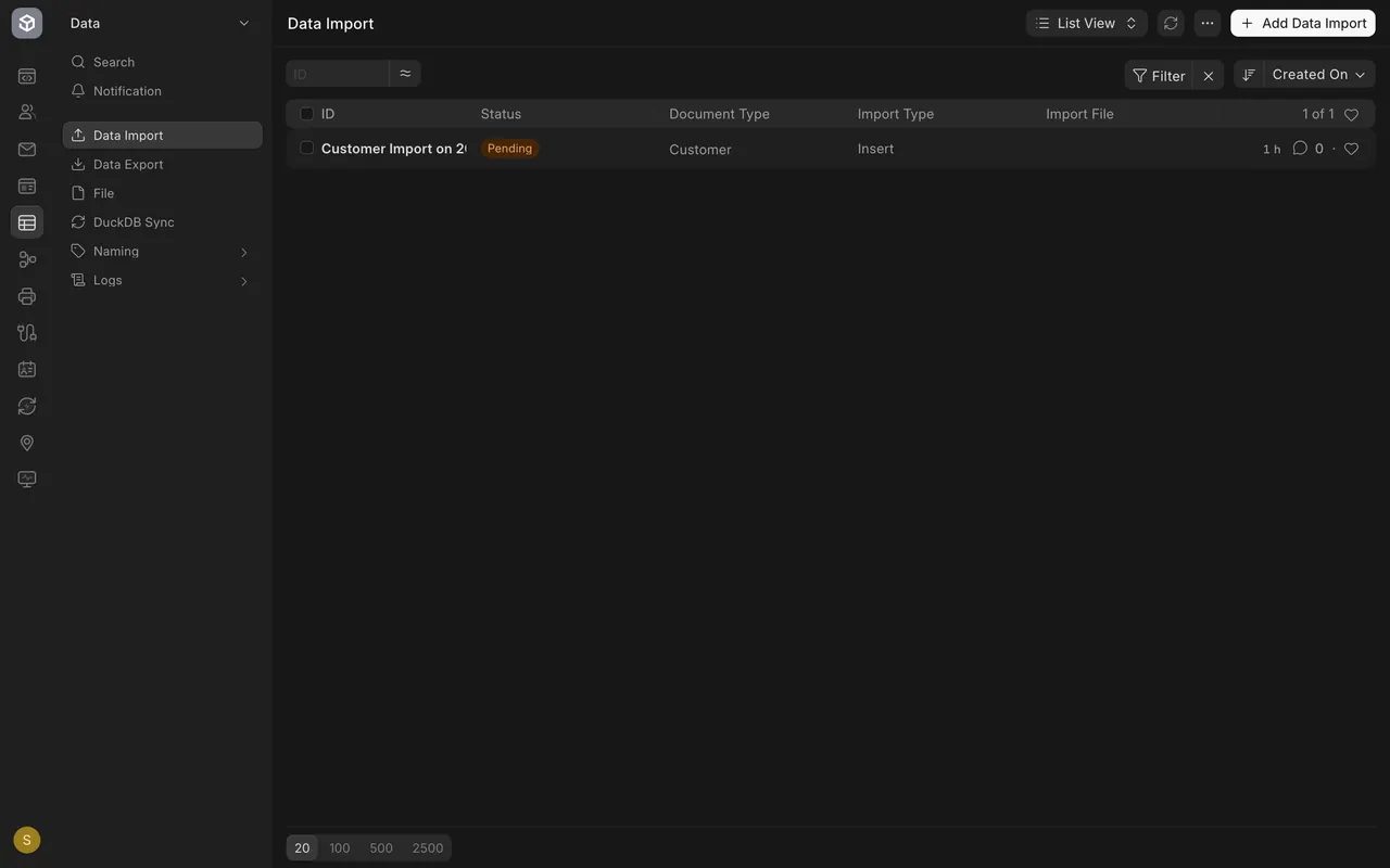 The Data Import list with one Pending import