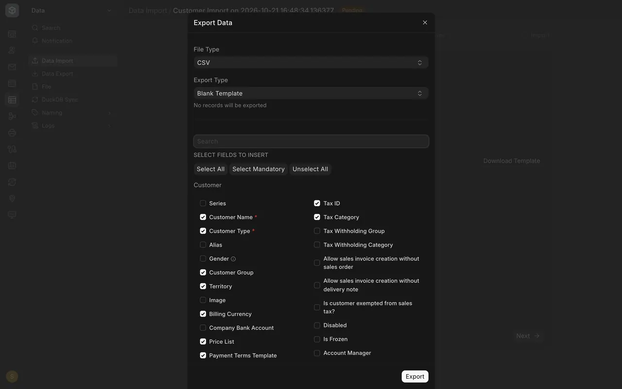 Export Data box with Blank Template and the required fields starred