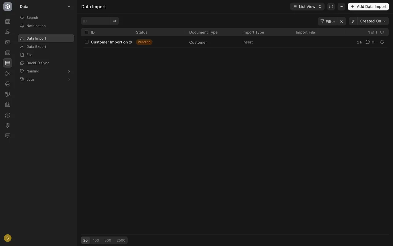The Data Import list with one pending load
