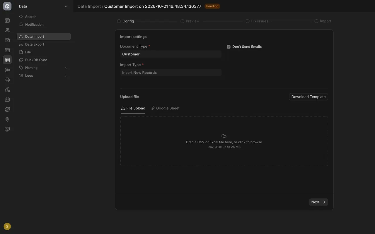 The Config stage: Document Type, Import Type and Download Template