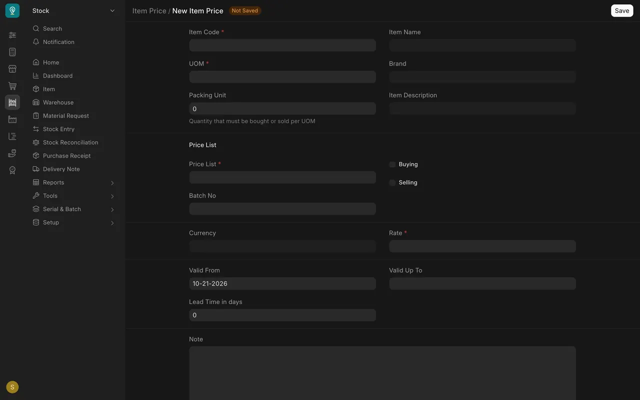 The required fields on the Item Price form