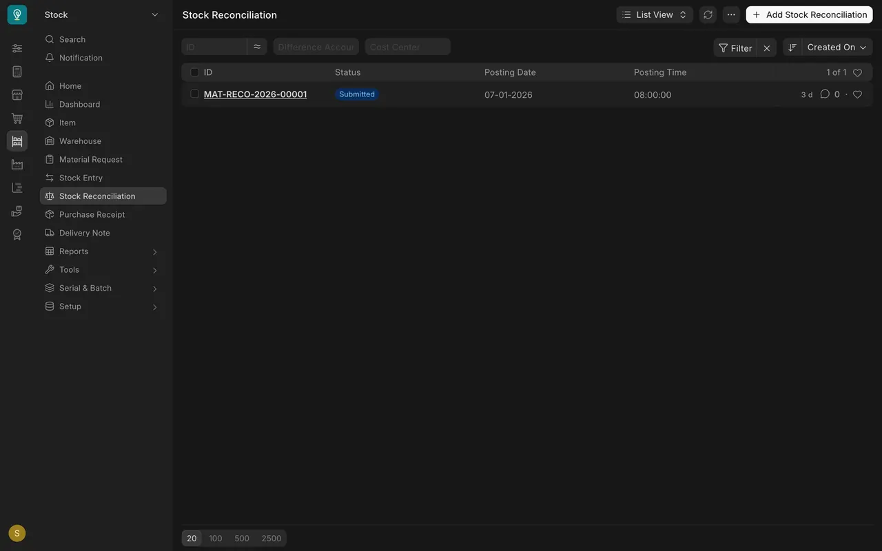 The Stock Reconciliation list with one submitted document