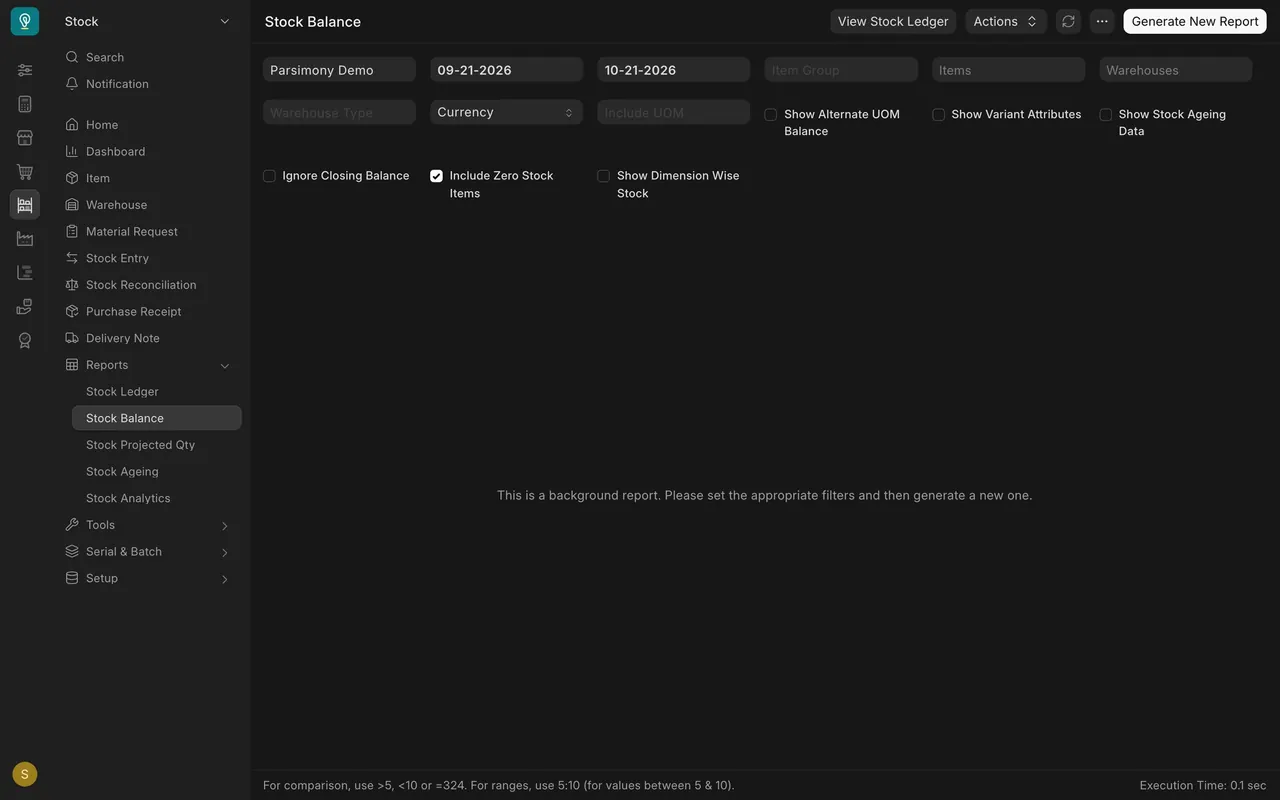 Stock Balance before a report is generated