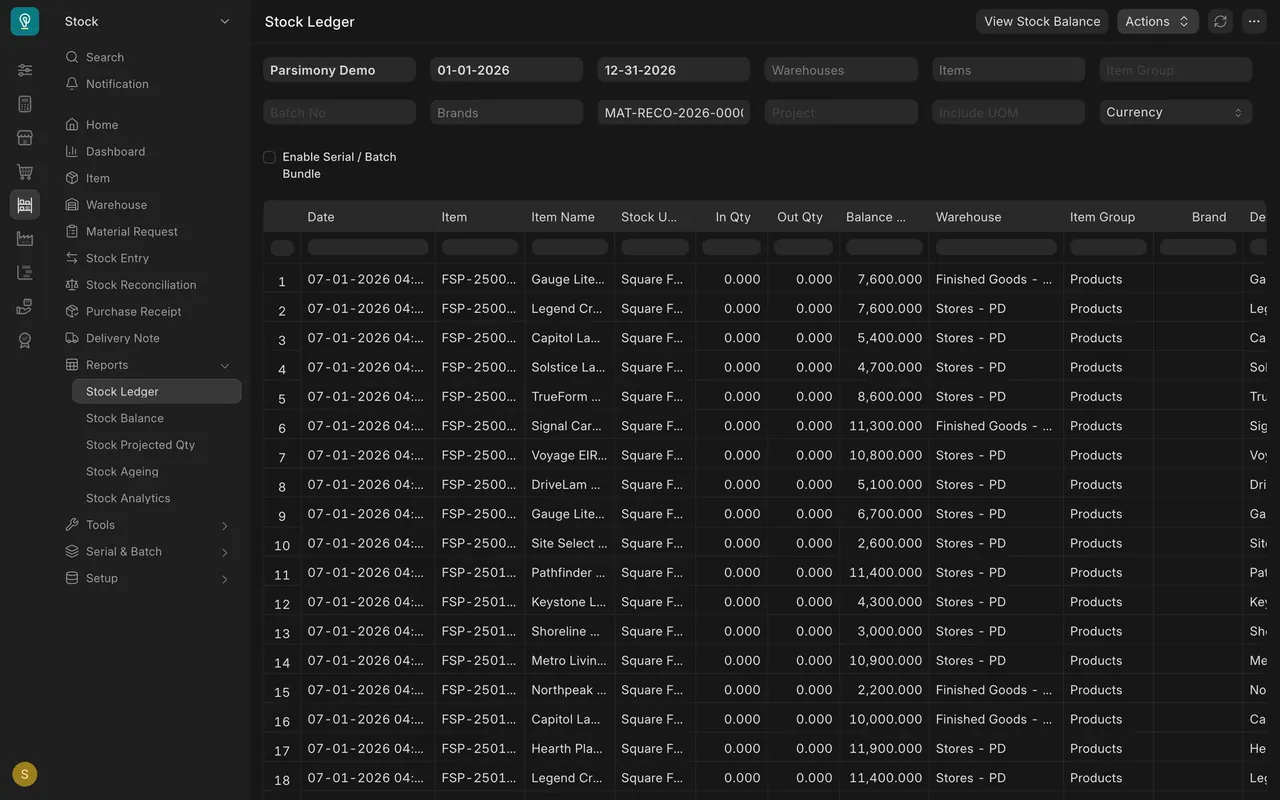 Stock Ledger rows for the opening stock document