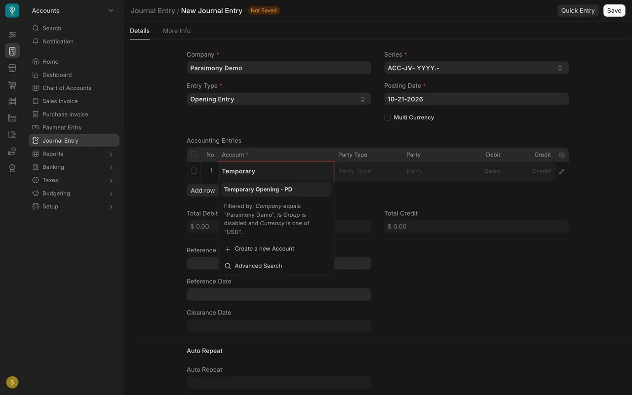 Typing in the Account cell lists Temporary Opening
