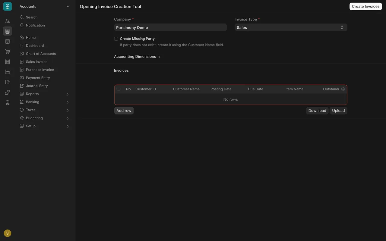 The Opening Invoice Creation Tool: Company, Invoice Type, an empty Invoices table with Download and Upload
