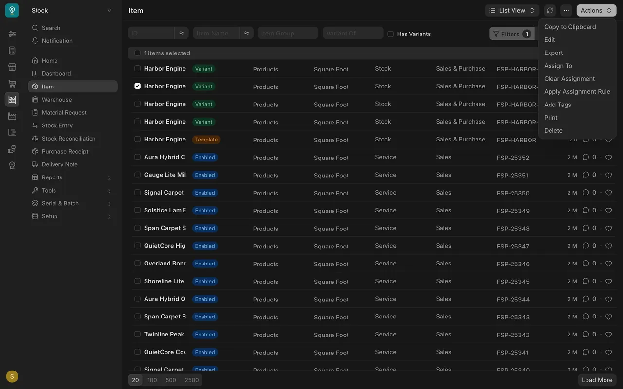 Actions menu with Edit