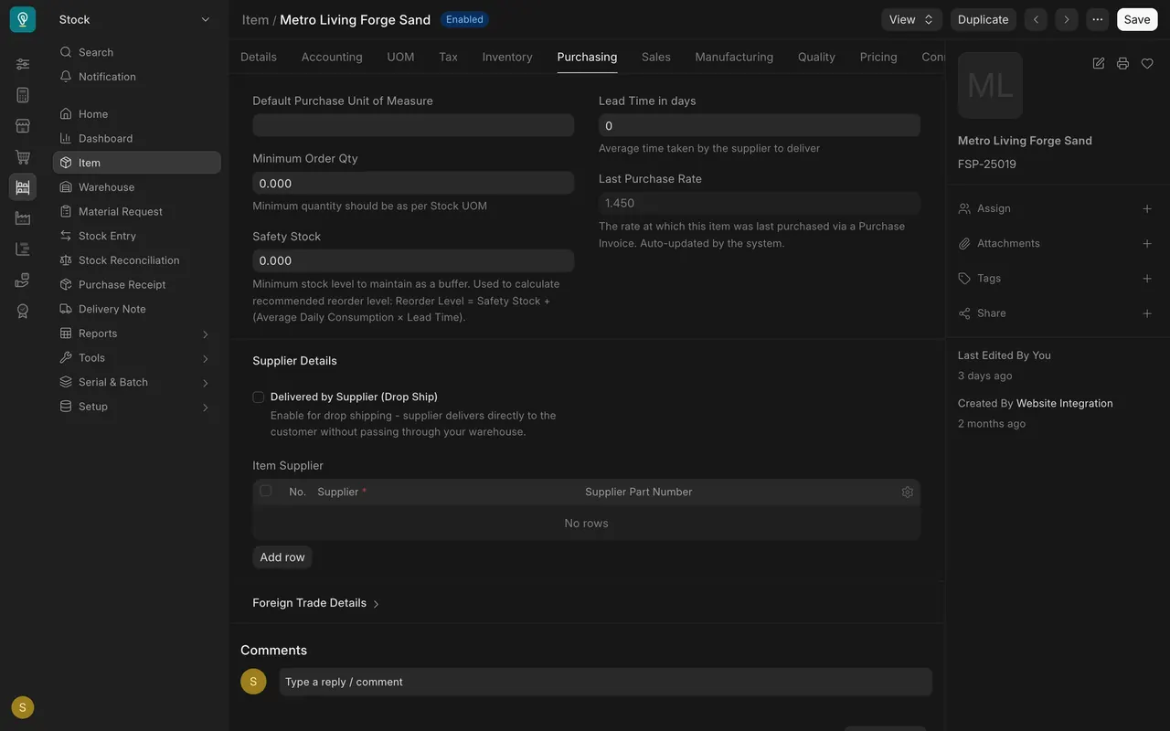 Purchasing tab