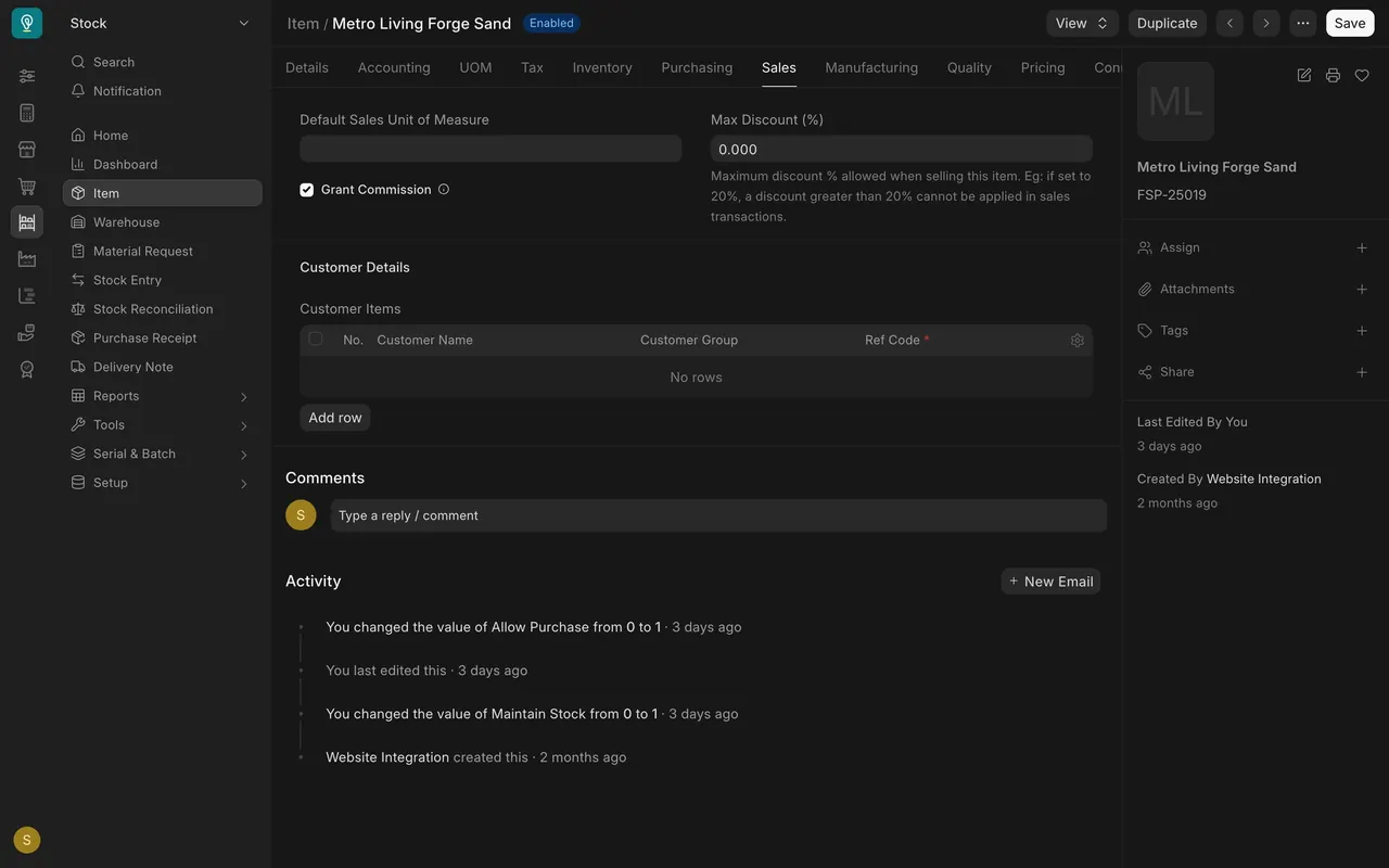 Sales tab