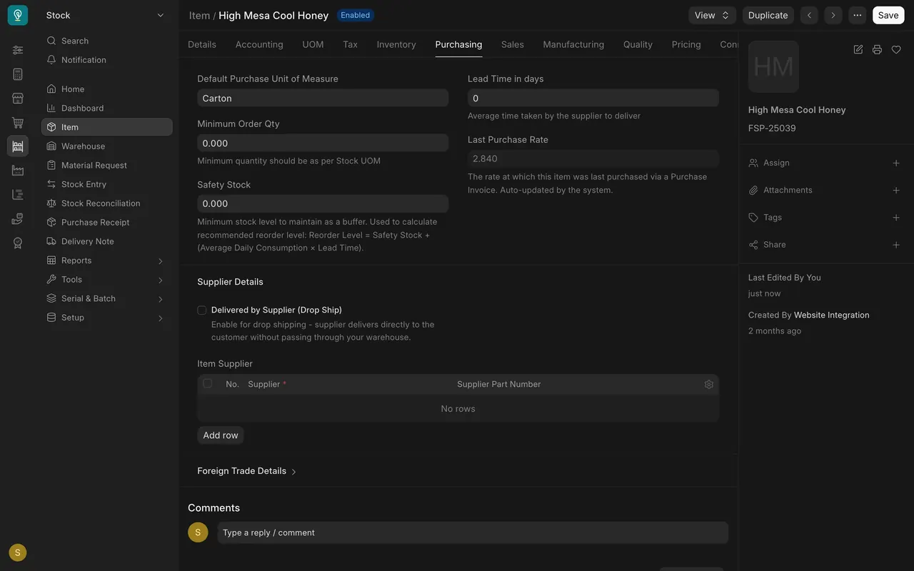 The Purchasing tab, with the default purchase unit empty