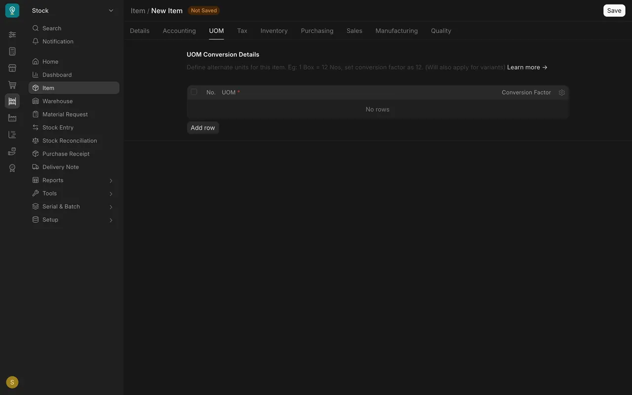 A new item starts with an empty table and an Add row button