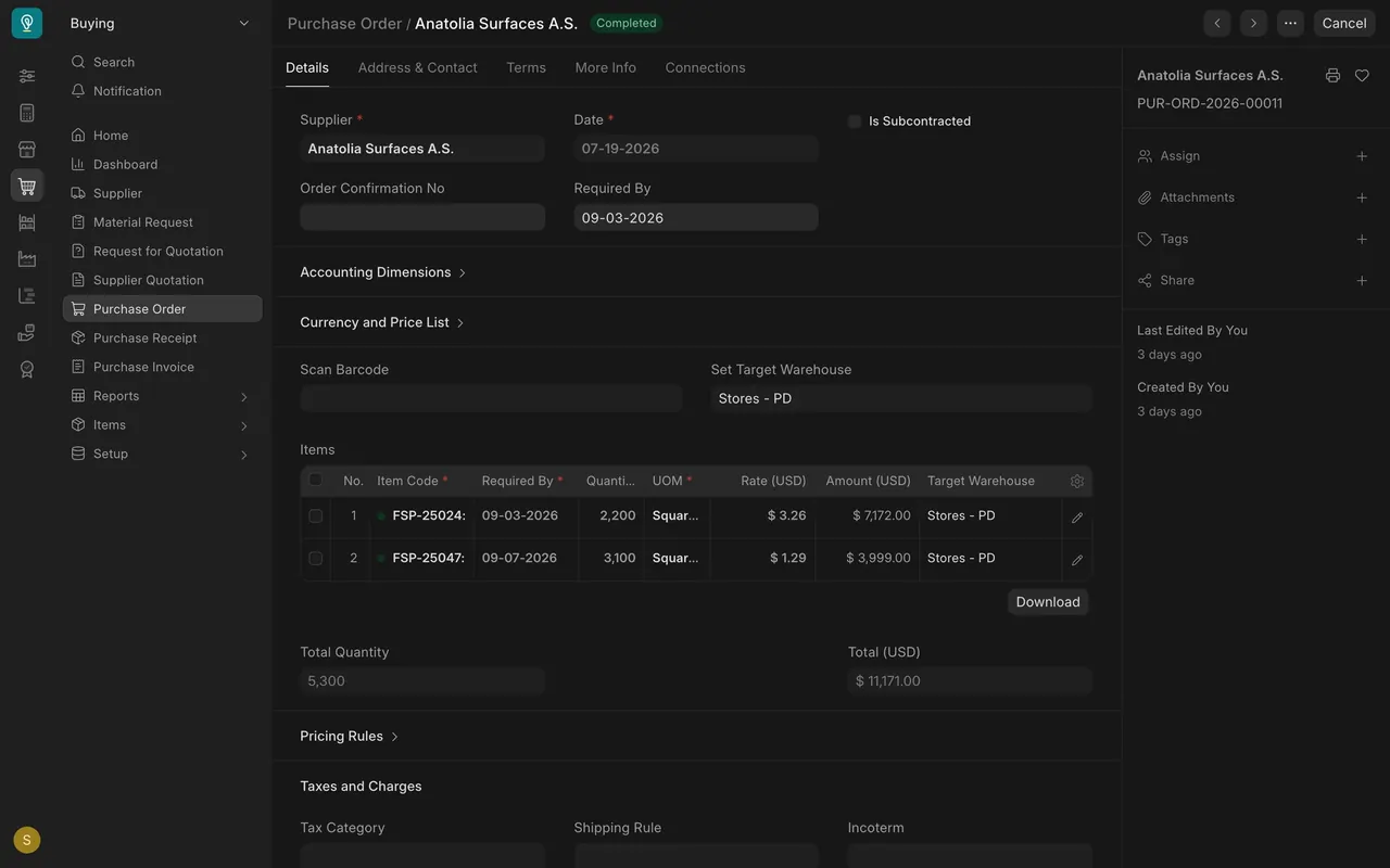 A purchase order with Quantity and UOM on each line