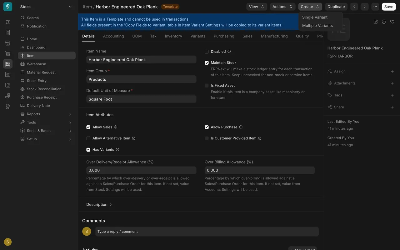The Create menu on the template