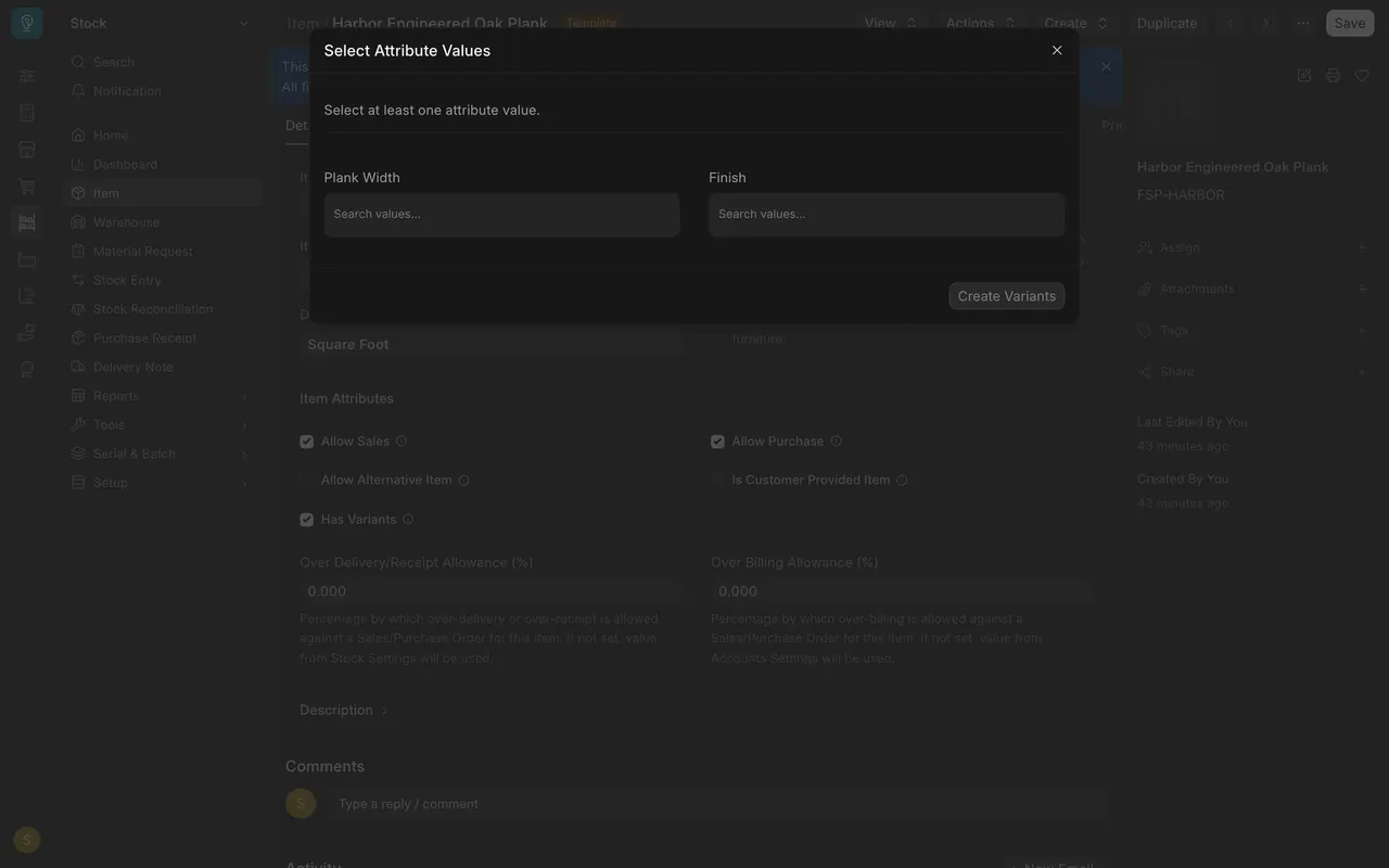 Select Attribute Values, with the Create Variants button