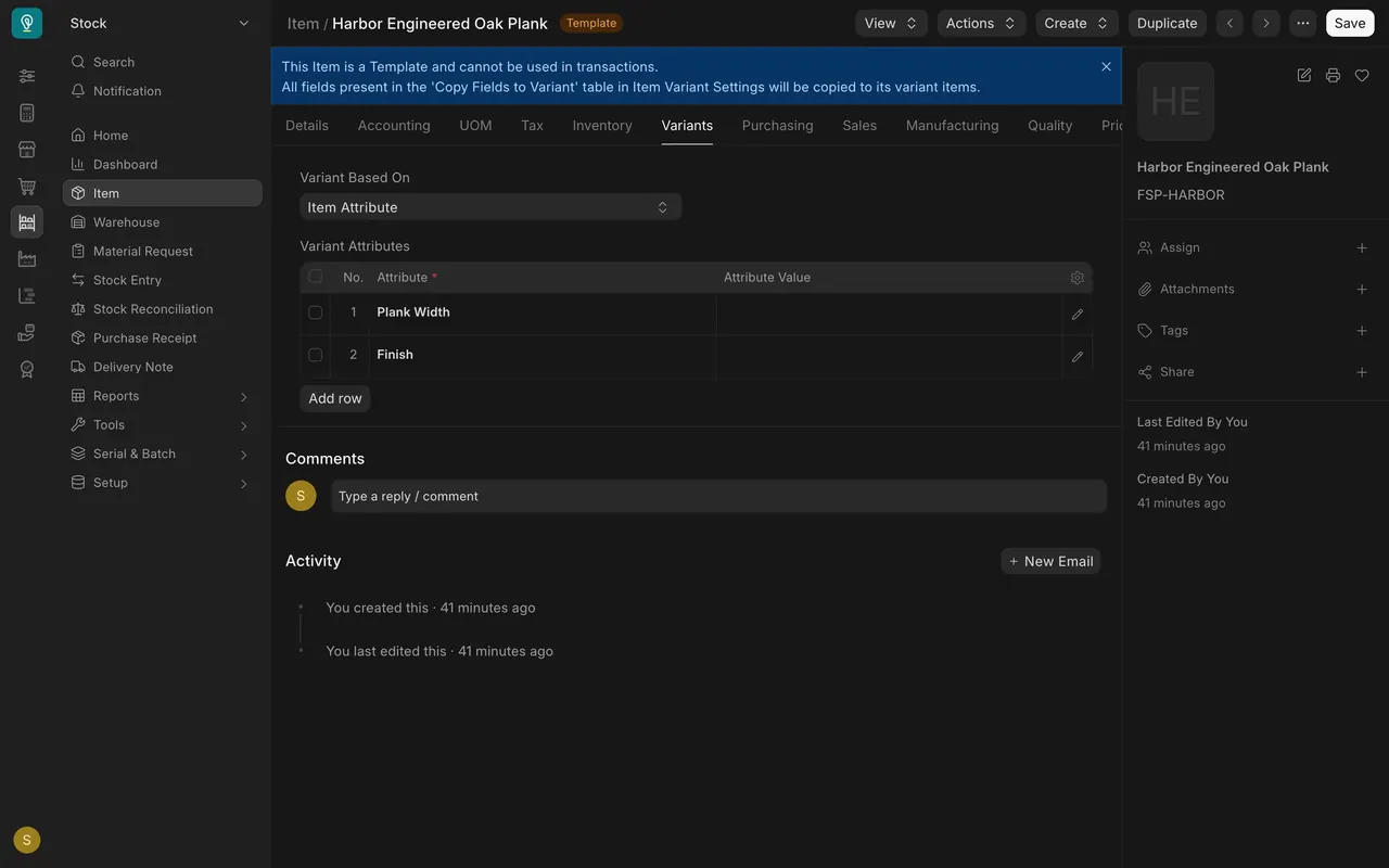 The template's Variants tab lists Plank Width and Finish