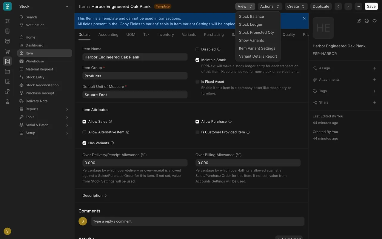 The View menu on the template