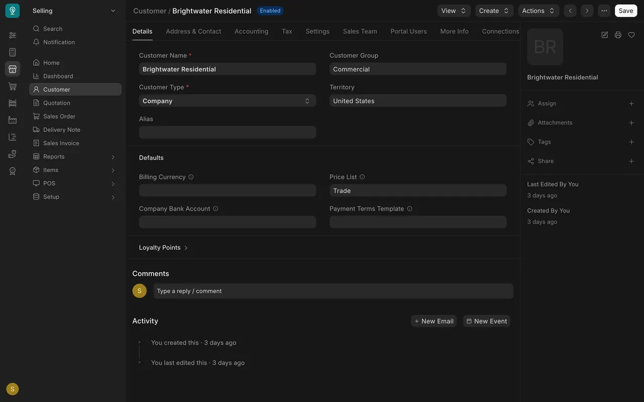 Customer page: Price List under Defaults