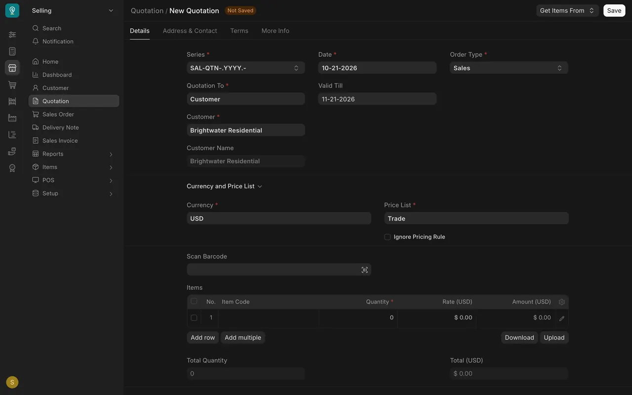 New quotation: the customer sets the Price List to Trade
