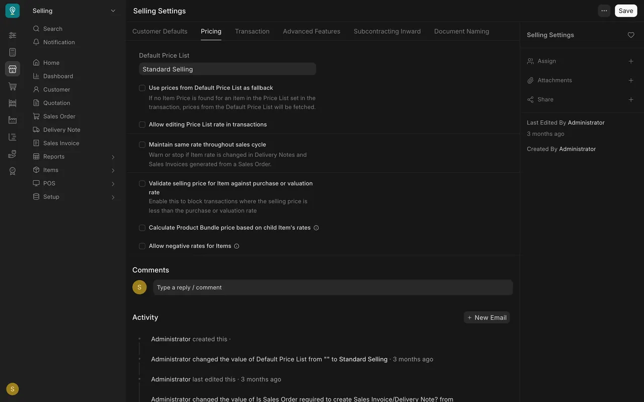Selling Settings, Pricing tab