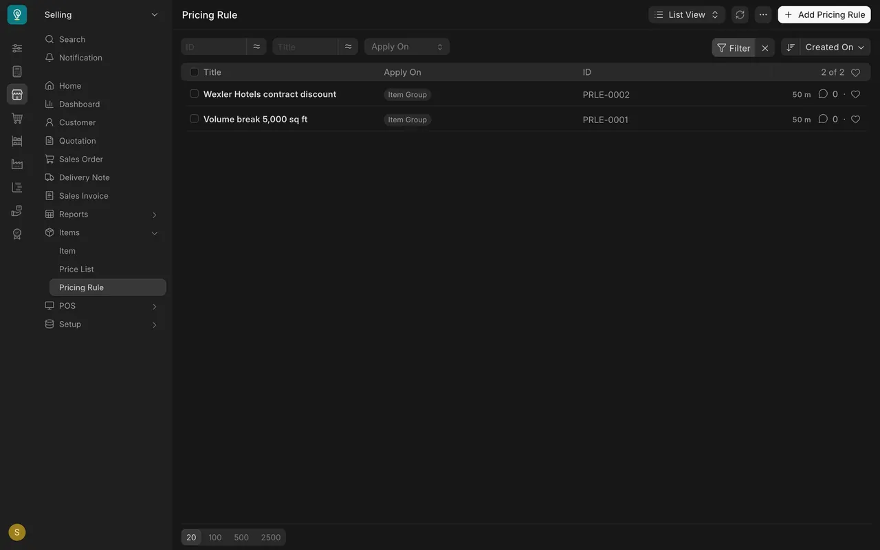 The Pricing Rule list with two rules
