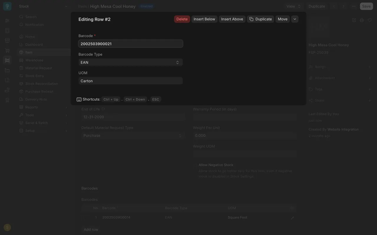 The row box: Barcode, Barcode Type, UOM