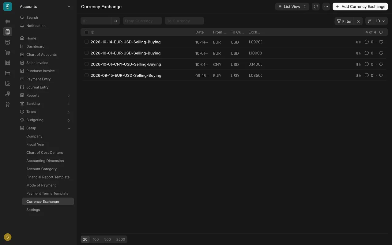 Currency Exchange list with four records