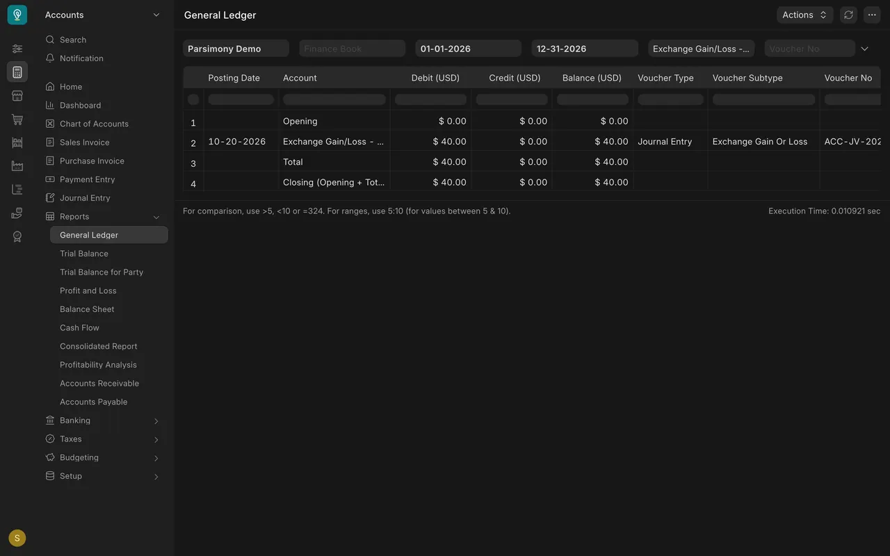 General Ledger on the exchange gain and loss account