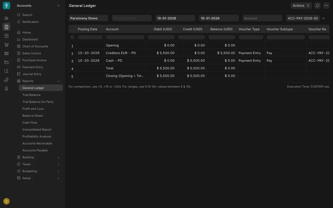 General Ledger for the payment