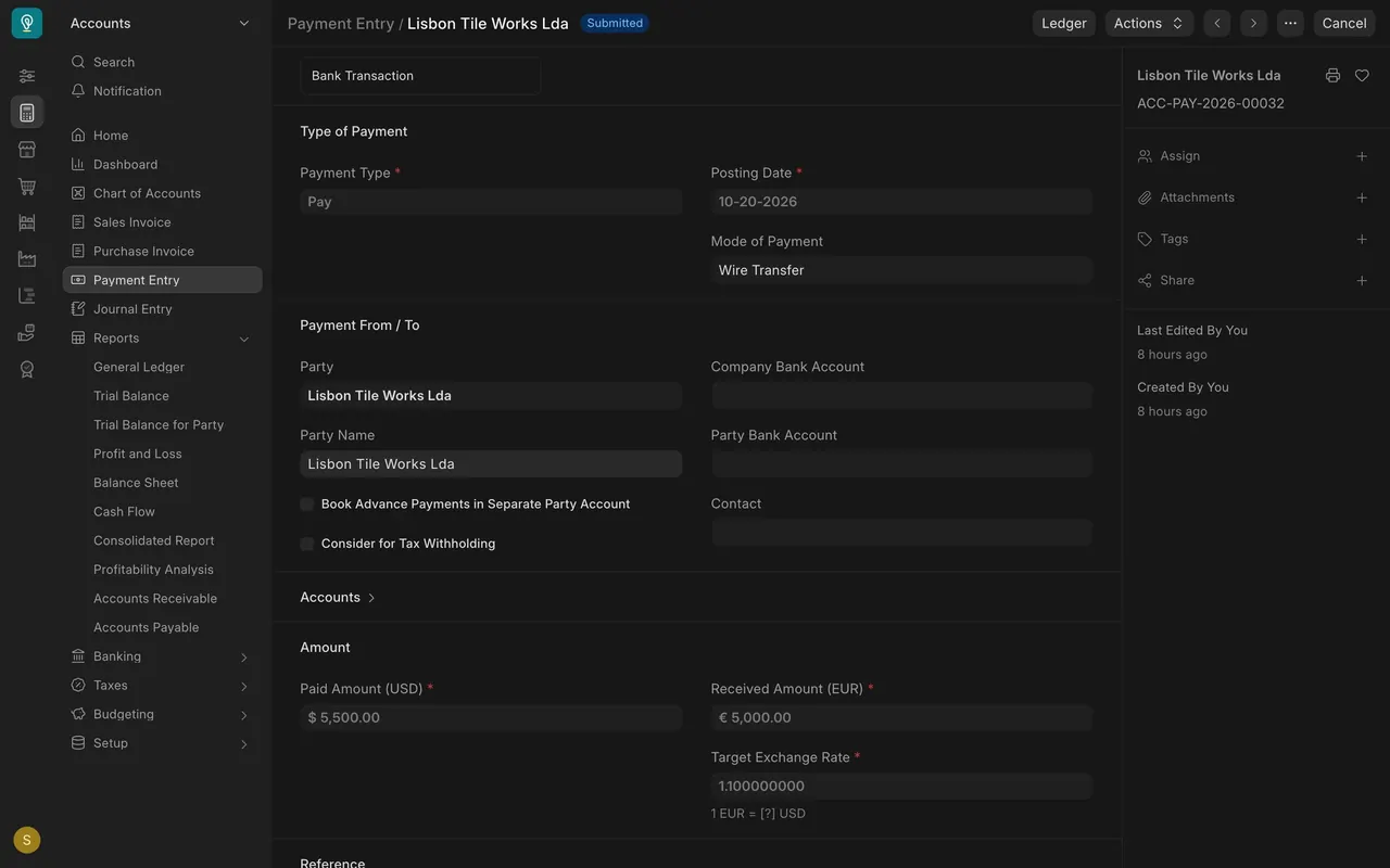 Payment entry with amounts and target exchange rate