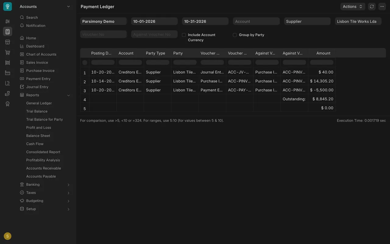 Payment Ledger for the supplier
