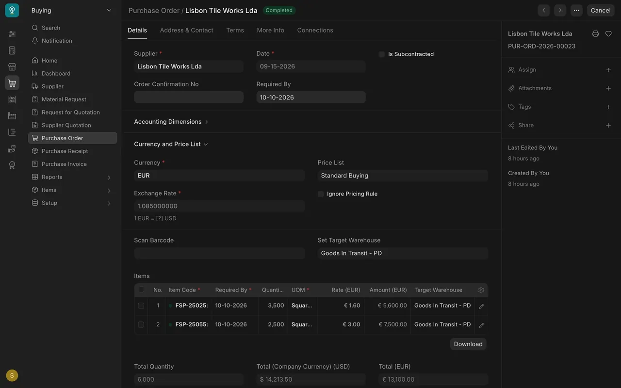 Purchase order: Required By 10-10-2026 and Set Target Warehouse Goods In Transit