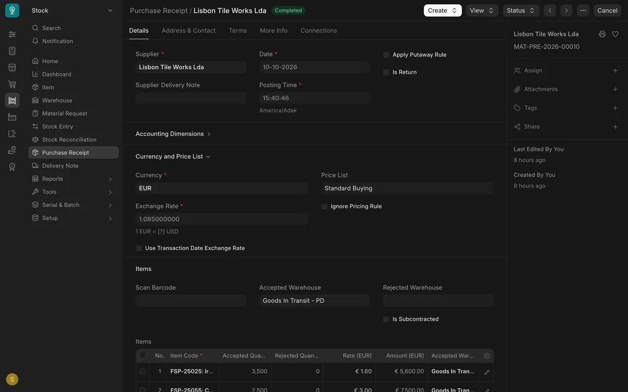 Purchase receipt: accepted warehouse Goods In Transit