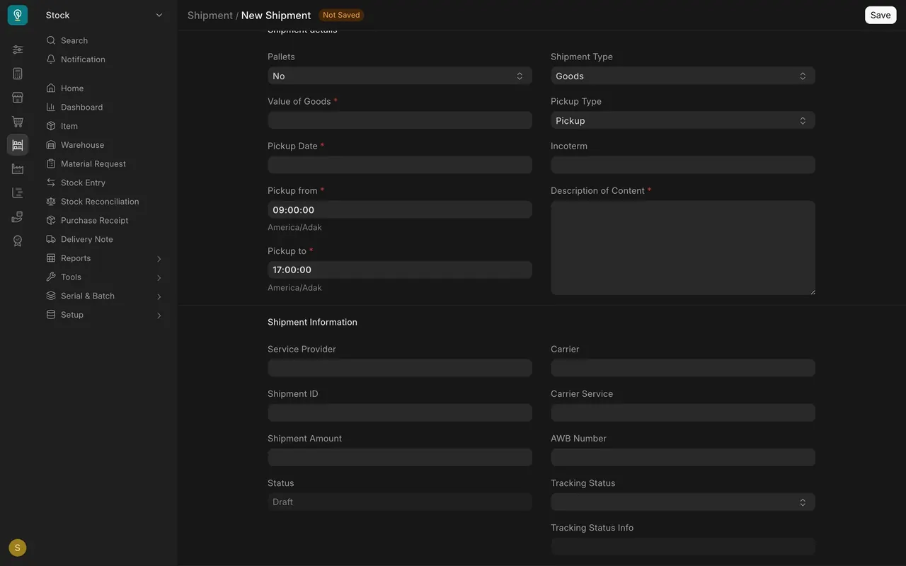 Shipment form: carrier and tracking status