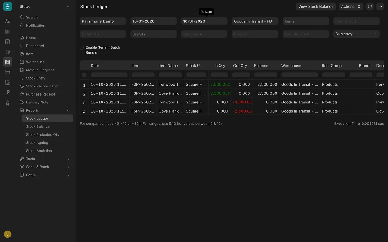 Stock Ledger: goods in, goods out, balance zero