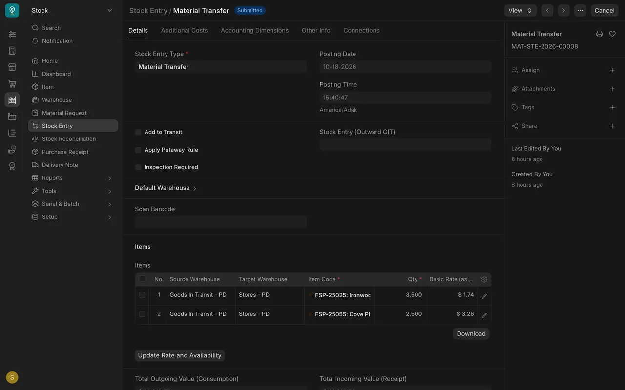 Stock entry: Material Transfer from Goods In Transit to Stores