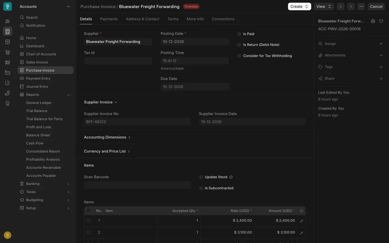 Freight forwarder's purchase invoice