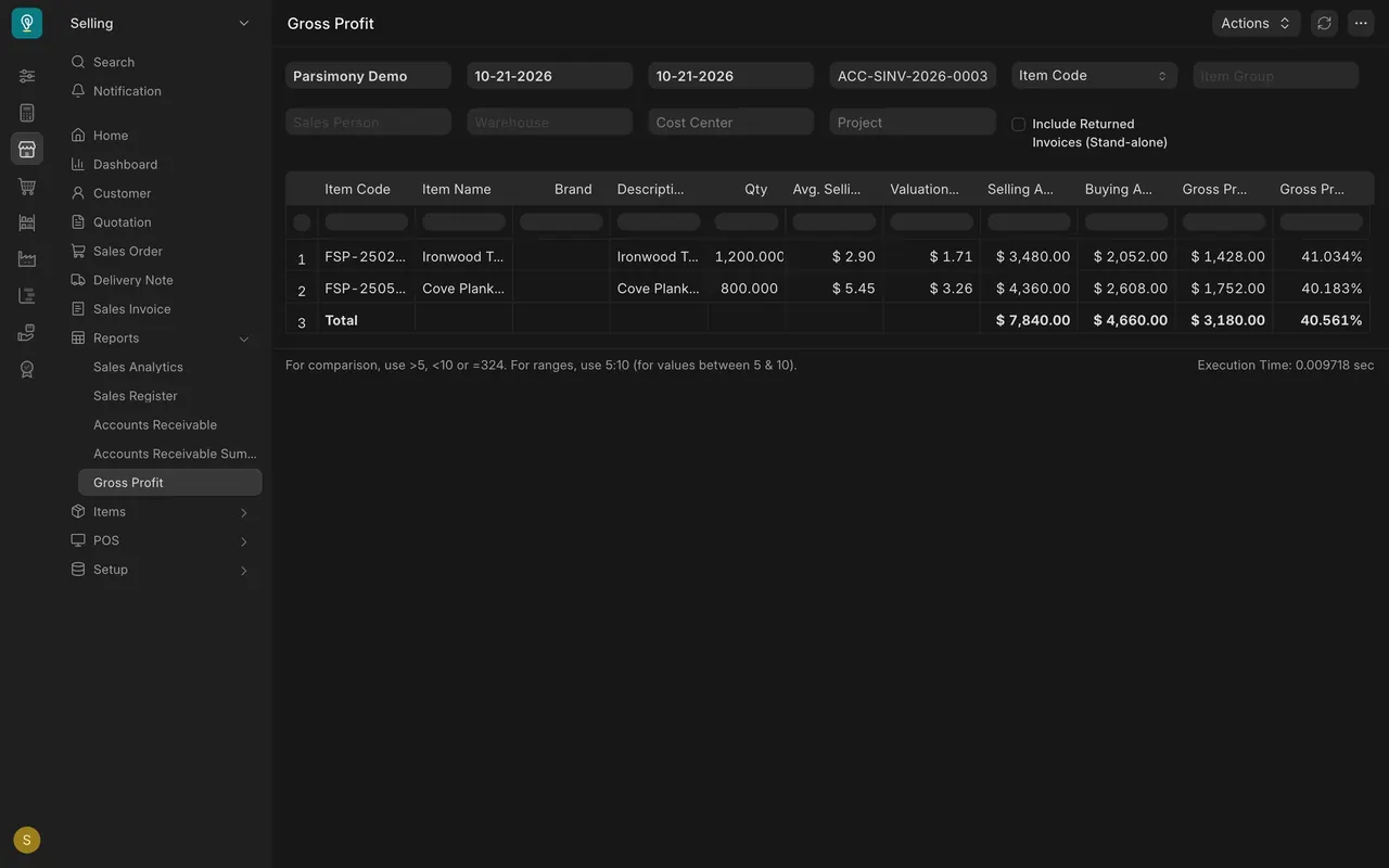 Gross Profit report filtered to one invoice